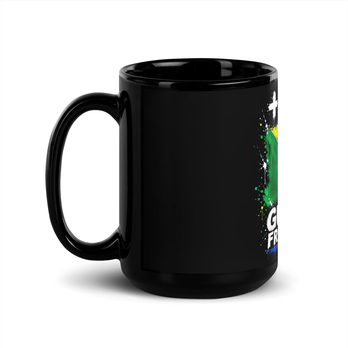 Mug Guyane +594 - Noir avec drapeau floqué effet éclaboussure de peinture - vue anse à gauche - Indicatif Fier