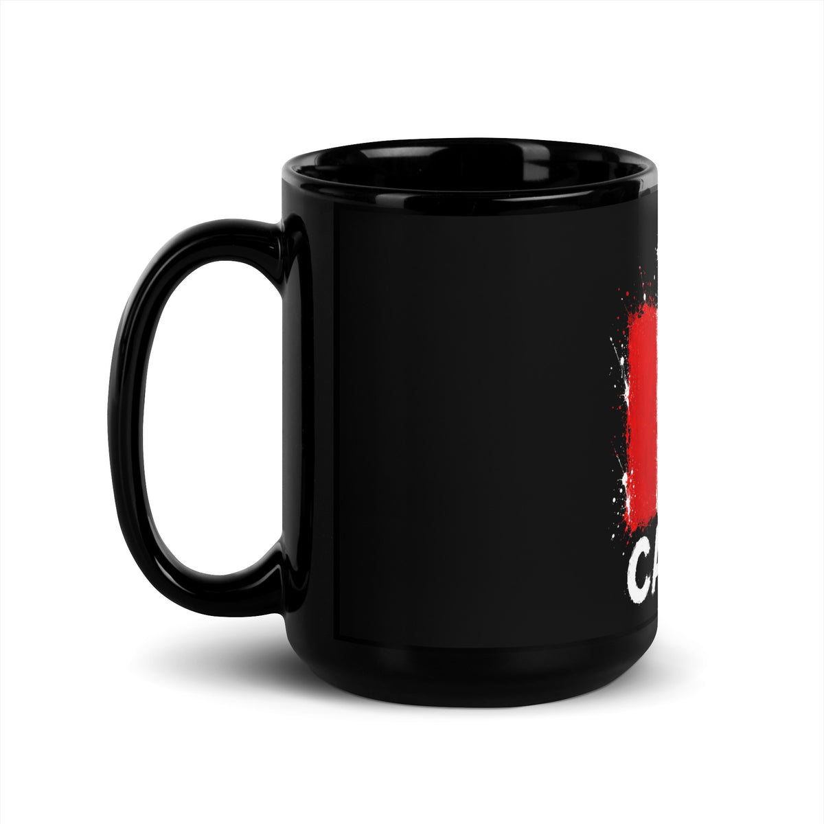Mug Canada +1 - Noir avec drapeau floqué effet éclaboussure de peinture - vue anse à gauche - Indicatif Fier
