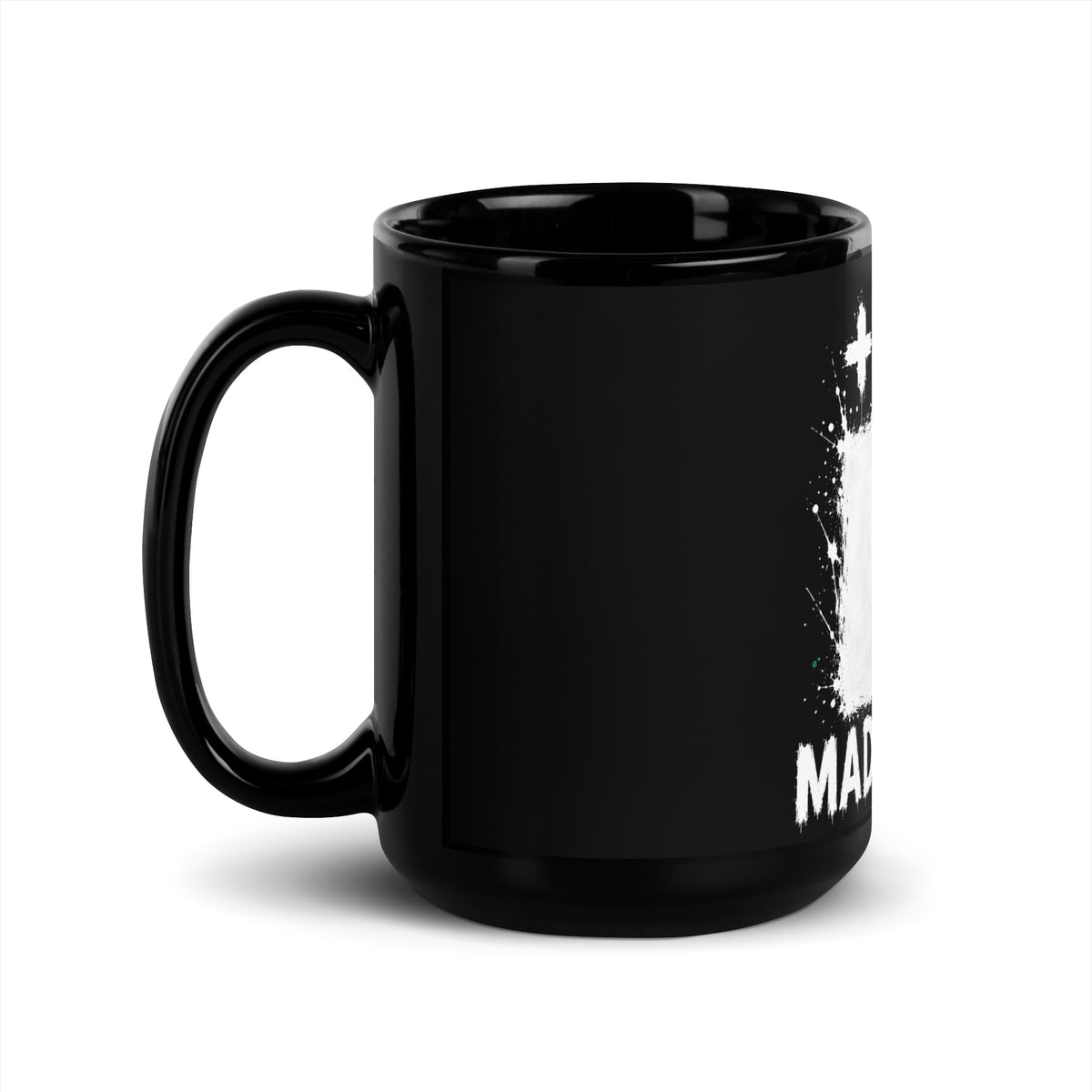 Mug Madagascar +261 - Noir avec drapeau floqué effet éclaboussure de peinture - vue anse à gauche - Indicatif Fier