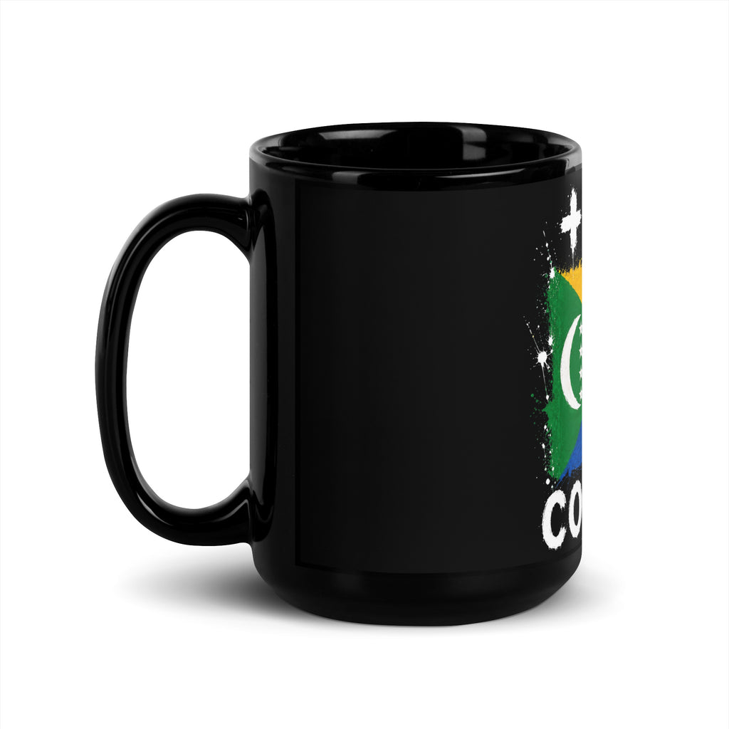 Mug Comores +269 - Noir avec drapeau floqué effet éclaboussure de peinture - vue anse à gauche - Indicatif Fier