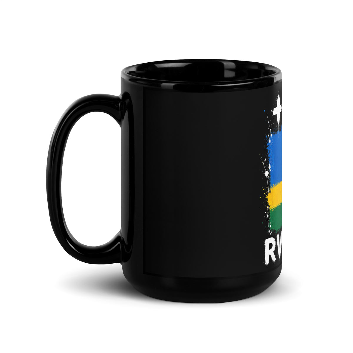 Mug Rwanda +250 - Noir avec drapeau floqué effet éclaboussure de peinture - vue anse à gauche - Indicatif Fier