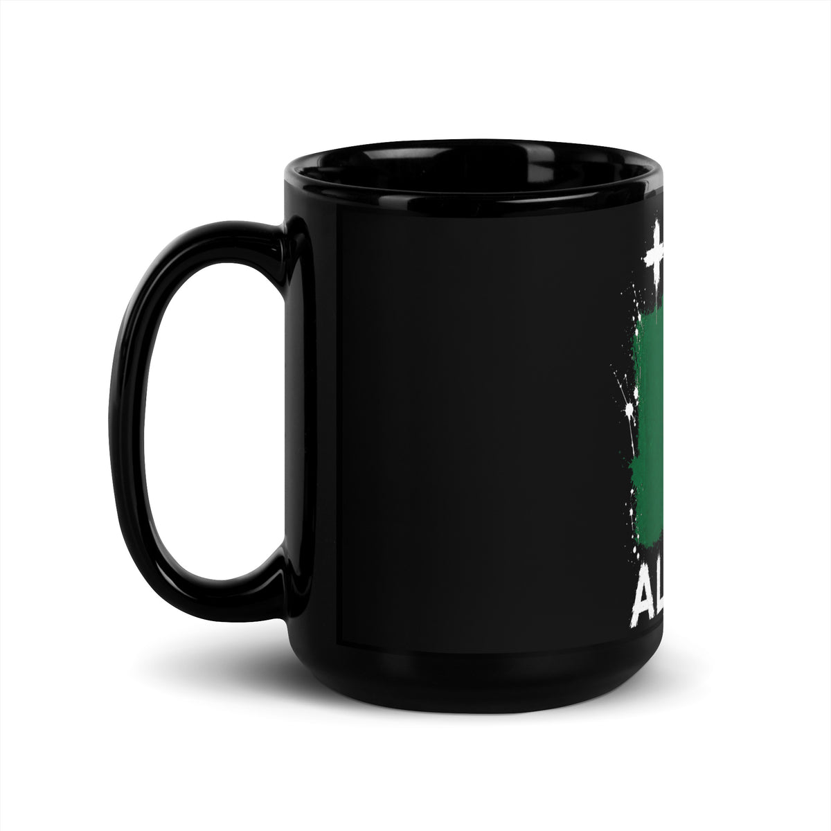 Mug Algérie +213 - Noir avec drapeau floqué effet éclaboussure de peinture - vue anse à gauche - Indicatif Fier