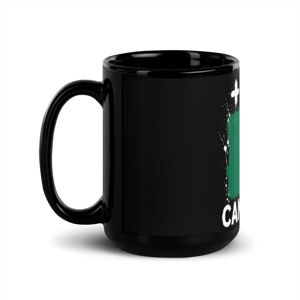 Mug Cameroun +237 - Noir avec drapeau floqué effet éclaboussure de peinture - vue anse à gauche - Indicatif Fier