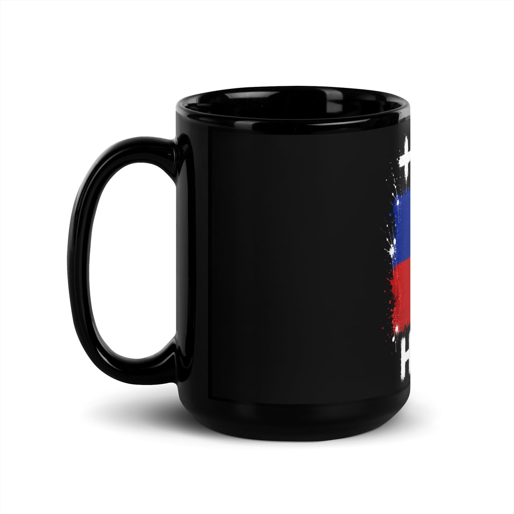 Mug Haïti +509 - Noir avec drapeau floqué effet éclaboussure de peinture - vue anse à gauche - Indicatif Fier