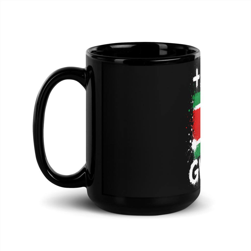 Mug Guadeloupe +590 - Noir avec drapeau floqué effet éclaboussure de peinture - vue anse à gauche - Indicatif Fier