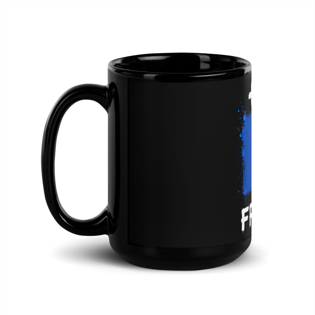 Mug France +33 - Noir avec drapeau floqué effet éclaboussure de peinture - vue anse à gauche - Indicatif Fier
