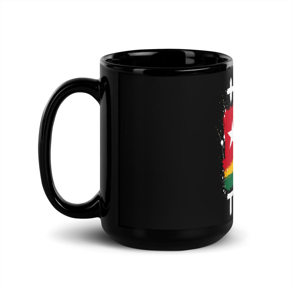 Mug Togo +228 - Noir avec drapeau floqué effet éclaboussure de peinture - vue anse à gauche - Indicatif Fier