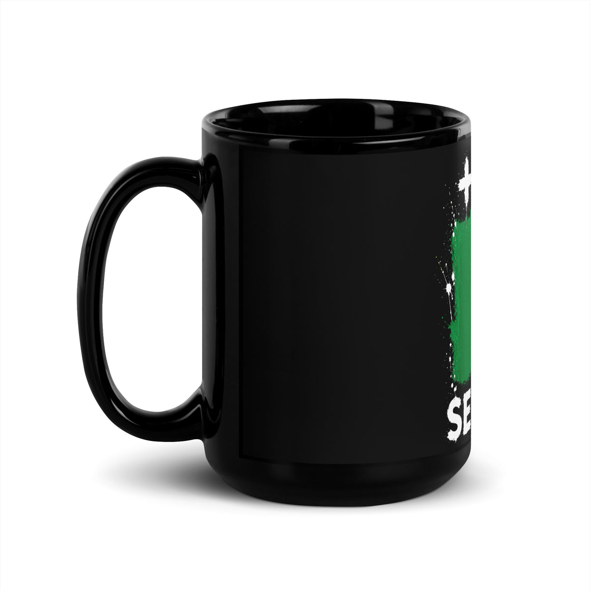 Mug Sénégal +221 - Noir avec drapeau floqué effet éclaboussure de peinture - vue anse à gauche - Indicatif Fier