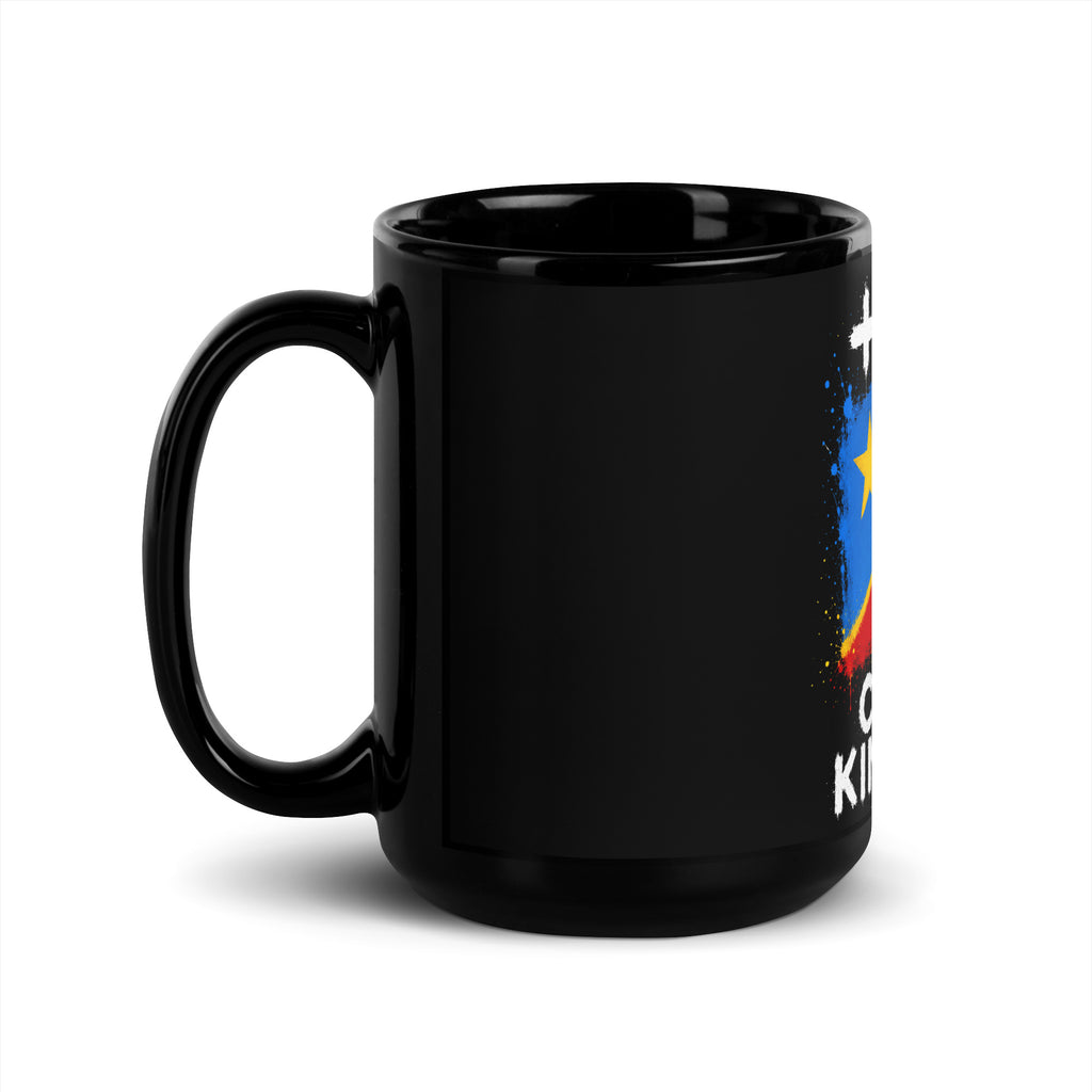 Mug RDC +243 - Noir avec drapeau floqué effet éclaboussure de peinture - vue anse à gauche - Indicatif Fier