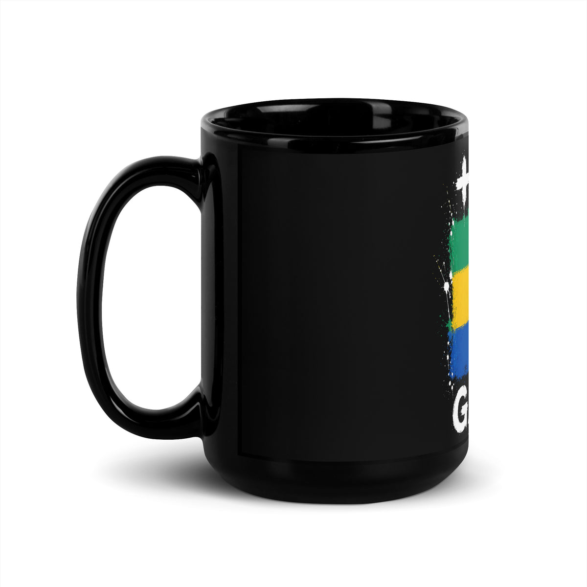 Mug Gabon +241 - Noir avec drapeau floqué effet éclaboussure de peinture - vue anse à gauche - Indicatif Fier