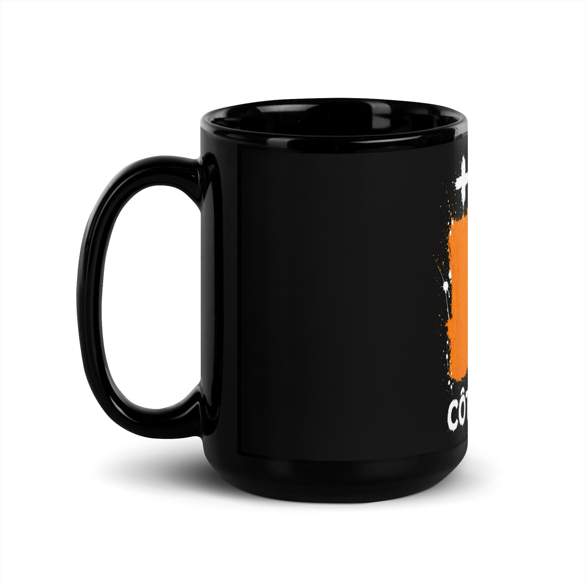 Mug Côte d'Ivoire +225 - Noir avec drapeau floqué effet éclaboussure de peinture - vue anse à gauche - Indicatif Fier