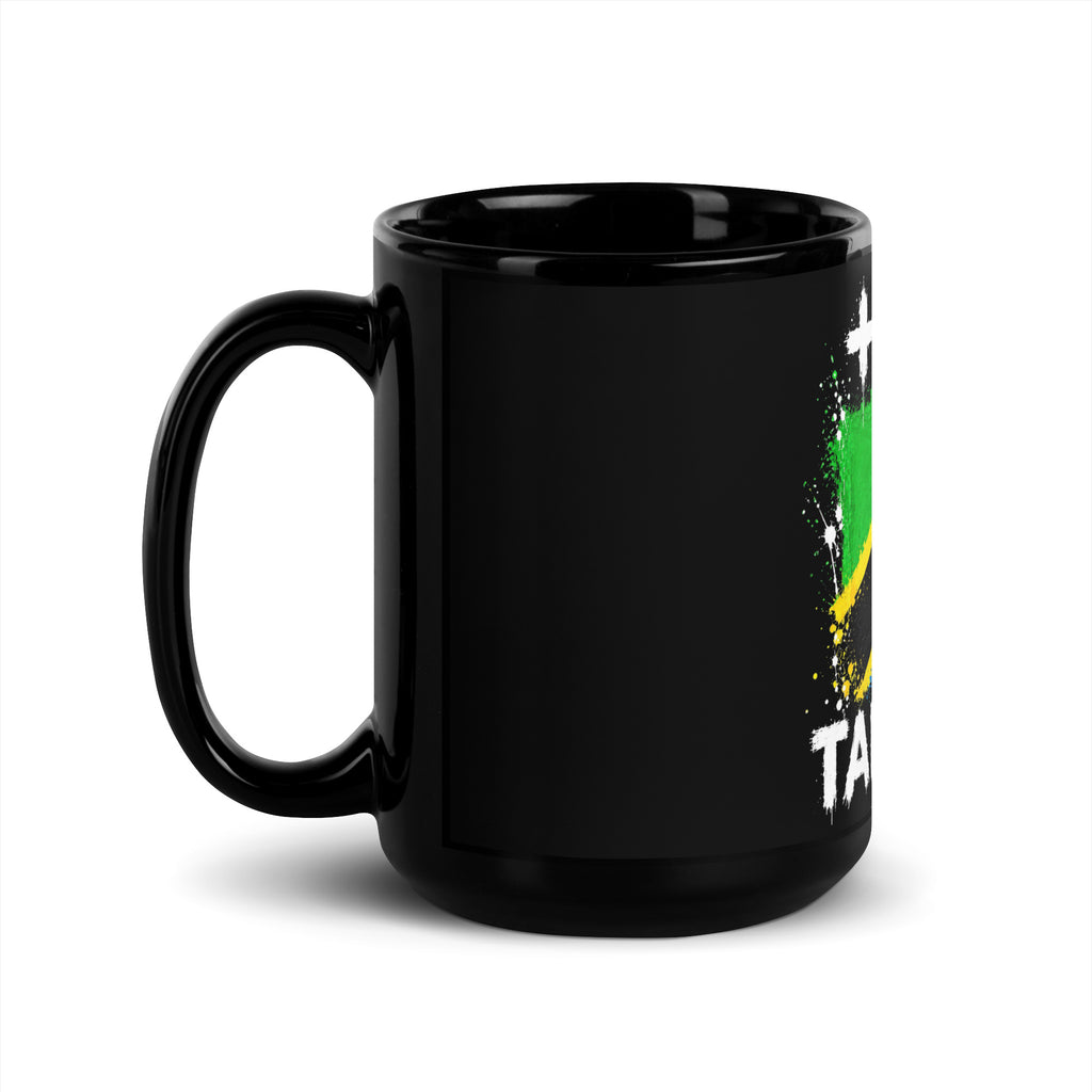 Mug Tanzanie +255 - Noir avec drapeau floqué effet éclaboussure de peinture - vue anse à gauche - Indicatif Fier