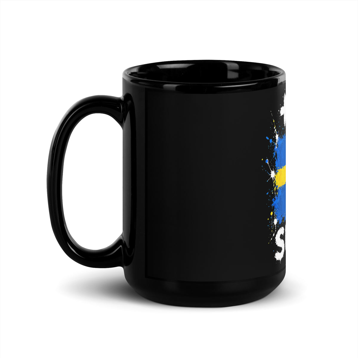 Mug Suède +46 - Noir avec drapeau floqué effet éclaboussure de peinture - vue anse à gauche - Indicatif Fier