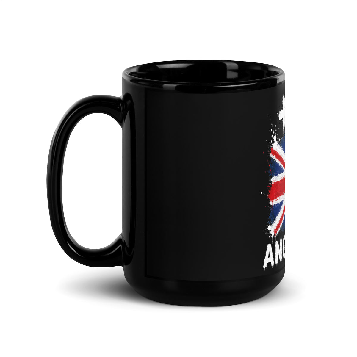 Mug Angleterre +44 - Noir avec drapeau floqué effet éclaboussure de peinture - vue anse à gauche - Indicatif Fier