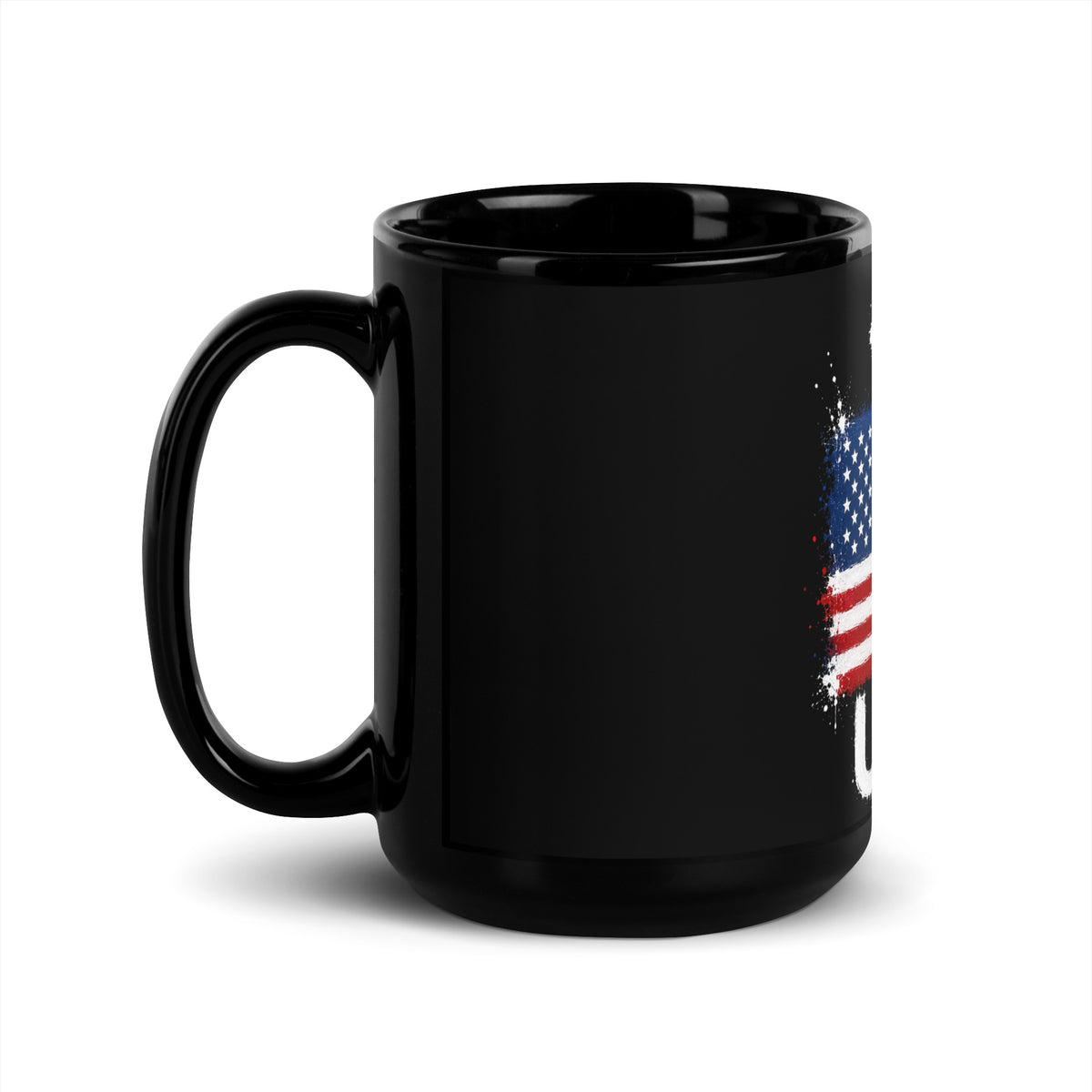 Mug USA +1 - Noir avec drapeau floqué effet éclaboussure de peinture - vue anse à gauche - Indicatif Fier