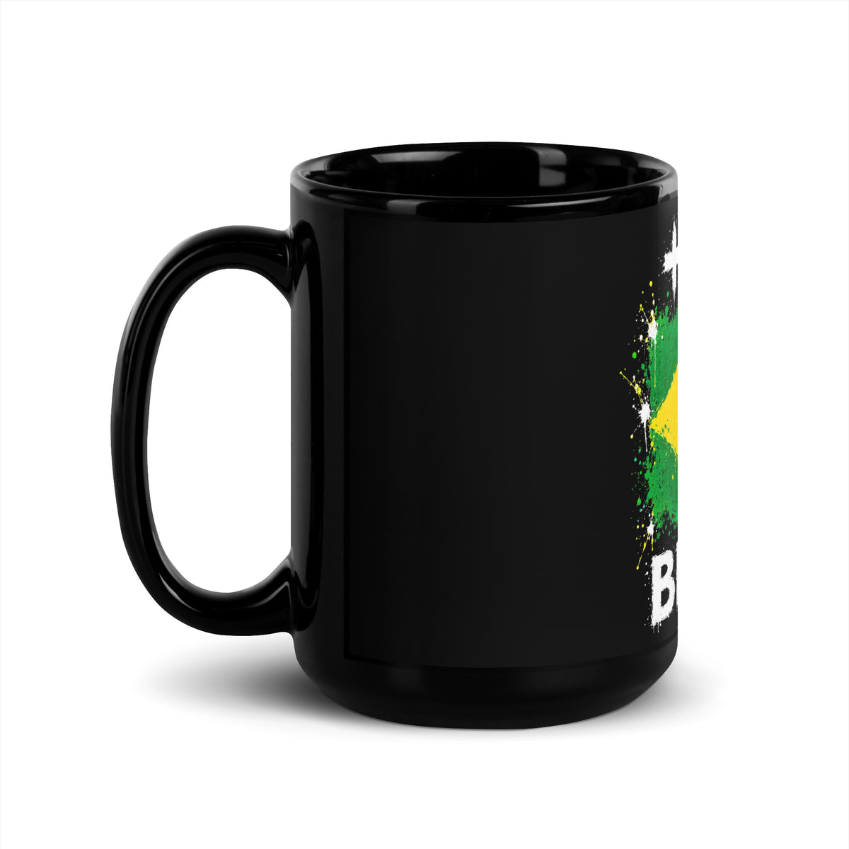 Mug Brésil +55 - Noir avec drapeau floqué effet éclaboussure de peinture - vue anse à gauche (15 oz) - Indicatif Fier