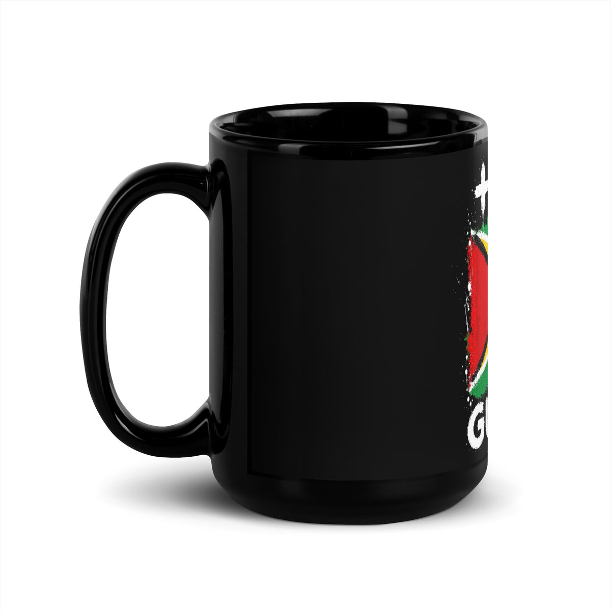 Mug Guyana +592 - Noir avec drapeau floqué effet éclaboussure de peinture - vue anse à gauche - Indicatif Fier (15 oz)