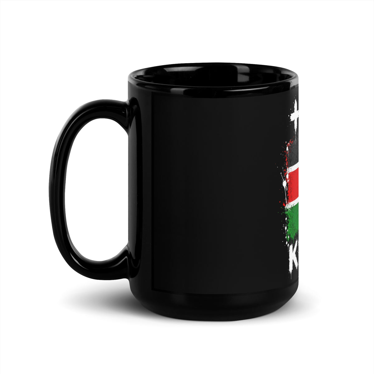 Mug Kenya +254 - Noir avec drapeau floqué effet éclaboussure de peinture - vue anse à gauche - Indicatif Fier (15 oz)