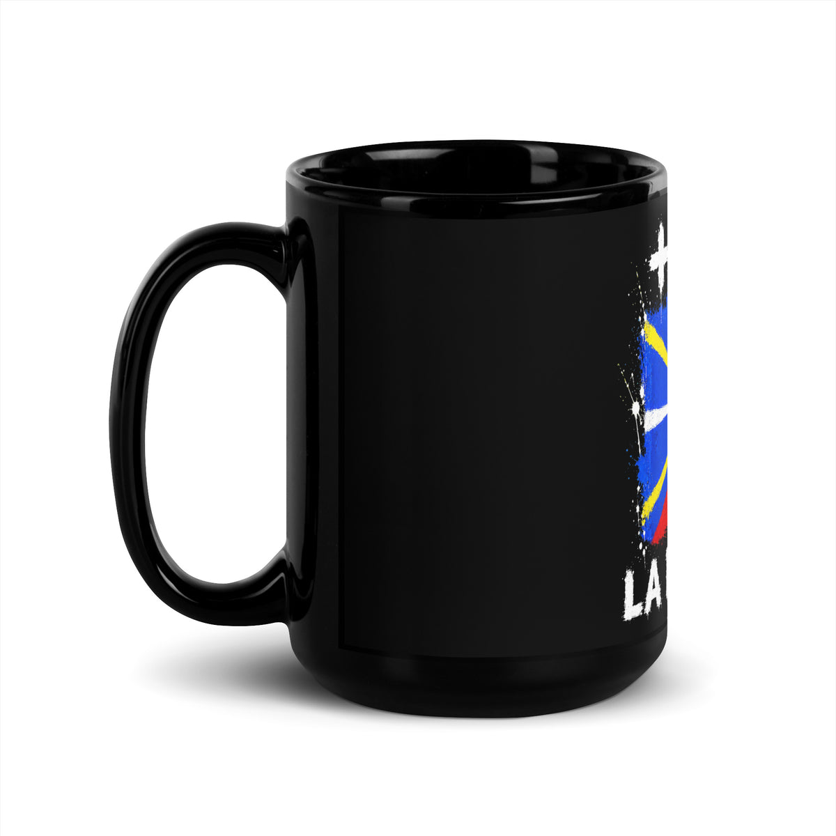 Mug La Réunion +262 - Noir avec drapeau floqué effet éclaboussure de peinture - vue anse à gauche - Indicatif Fier (15 oz)