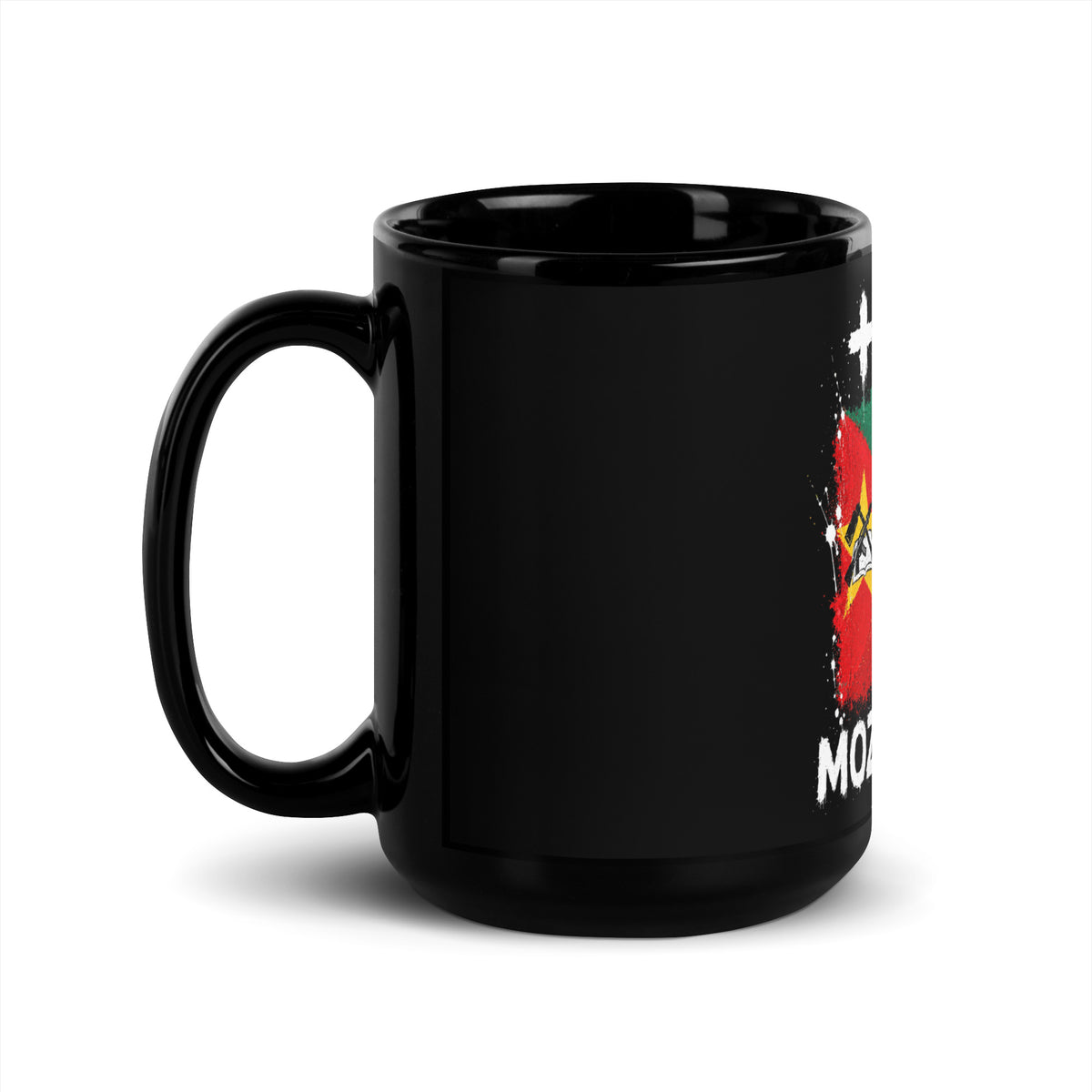 Mug Mozambique +258 - Noir avec drapeau floqué effet éclaboussure de peinture - vue anse à gauche - Indicatif Fier (15 oz)