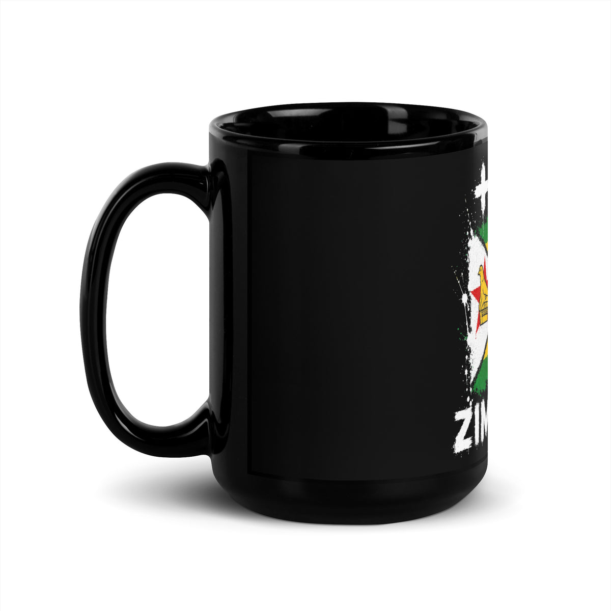 Mug Zimbabwe +263 - Noir avec drapeau floqué effet éclaboussure de peinture - vue anse à gauche - Indicatif Fier (15 oz)