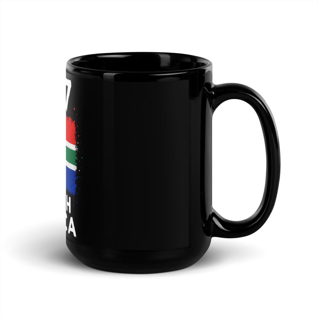 Mug Afrique du Sud +27 - Noir avec drapeau floqué effet éclaboussure de peinture - vue anse à droite - Indicatif Fier