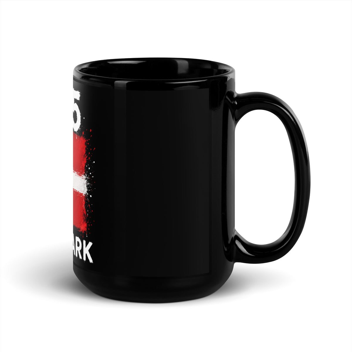 Mug Danemark +45 - Noir avec drapeau floqué effet éclaboussure de peinture - vue anse à droite - Indicatif Fier