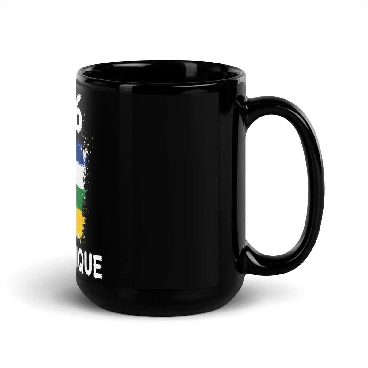 Mug Centrafrique +236 - Noir avec drapeau floqué effet éclaboussure de peinture - vue anse à droite - Indicatif Fier