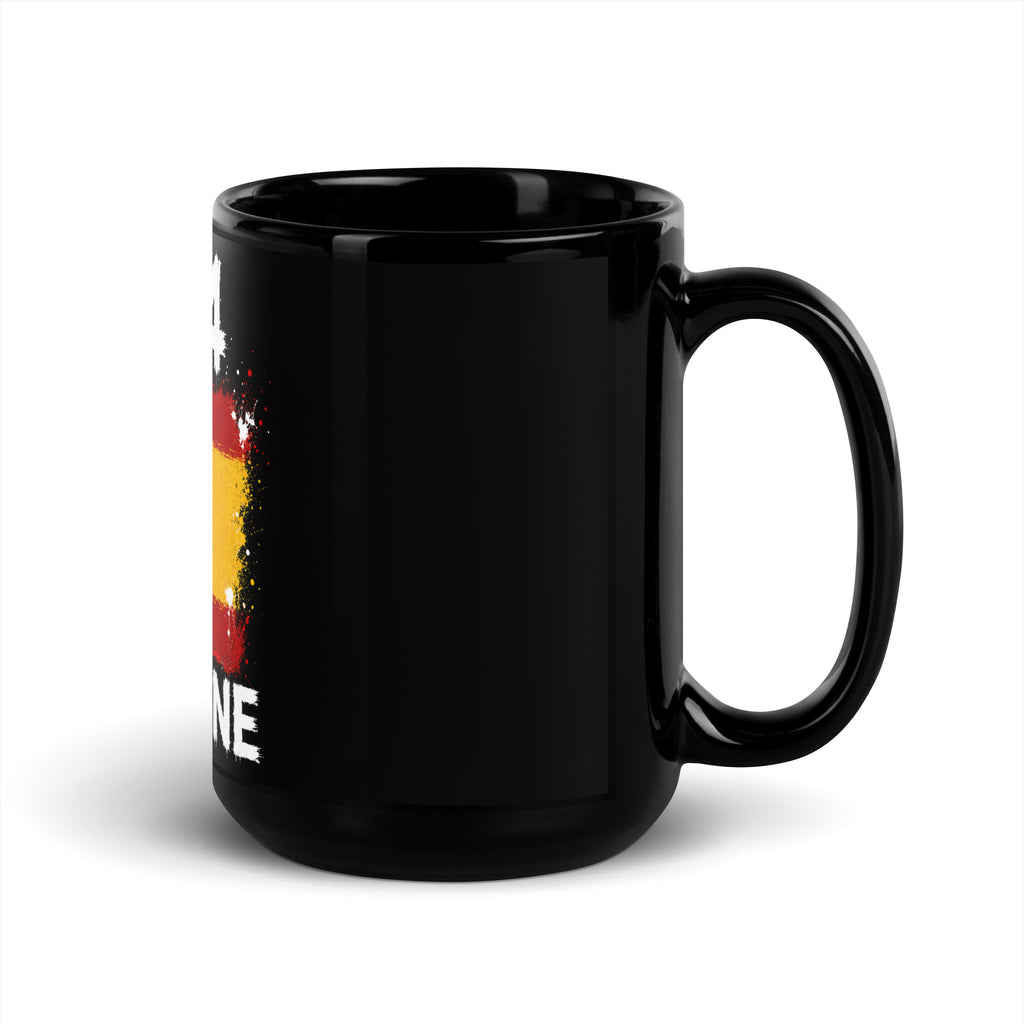 Mug Espagne +34 - Noir avec drapeau floqué effet éclaboussure de peinture - vue anse à droite - Indicatif Fier
