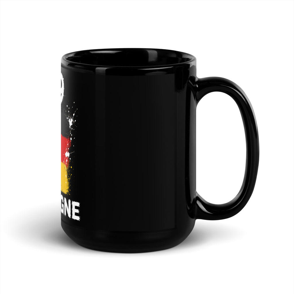 Mug Allemagne +49 - Noir avec drapeau floqué effet éclaboussure de peinture - vue anse à droite - Indicatif Fier