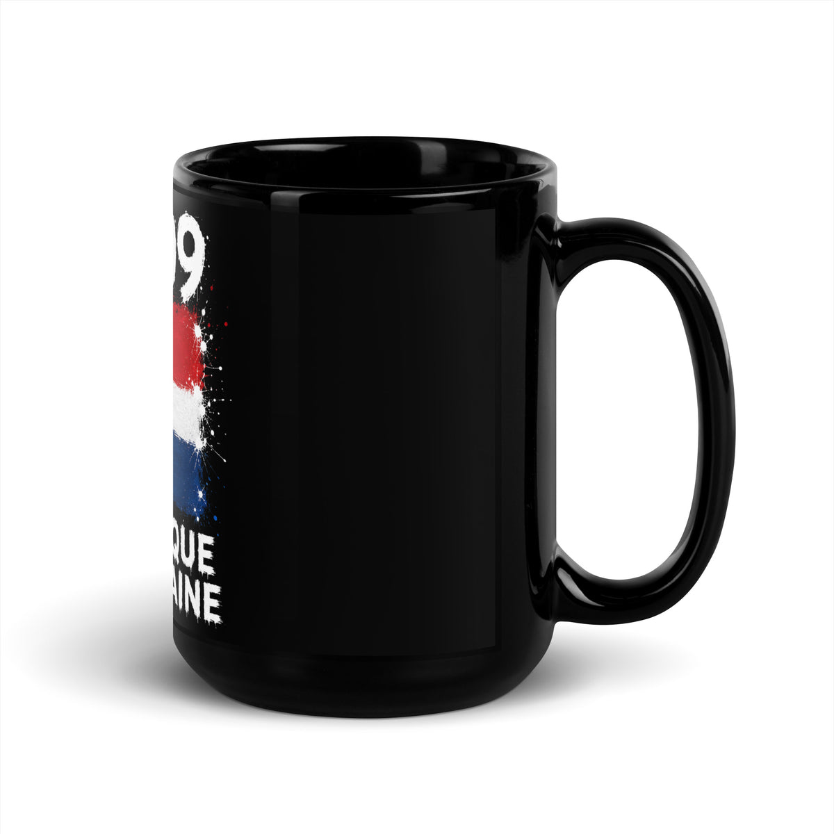 Mug République Dominicaine +1809 - Noir avec drapeau floqué effet éclaboussure de peinture - vue anse à droite - Indicatif Fier
