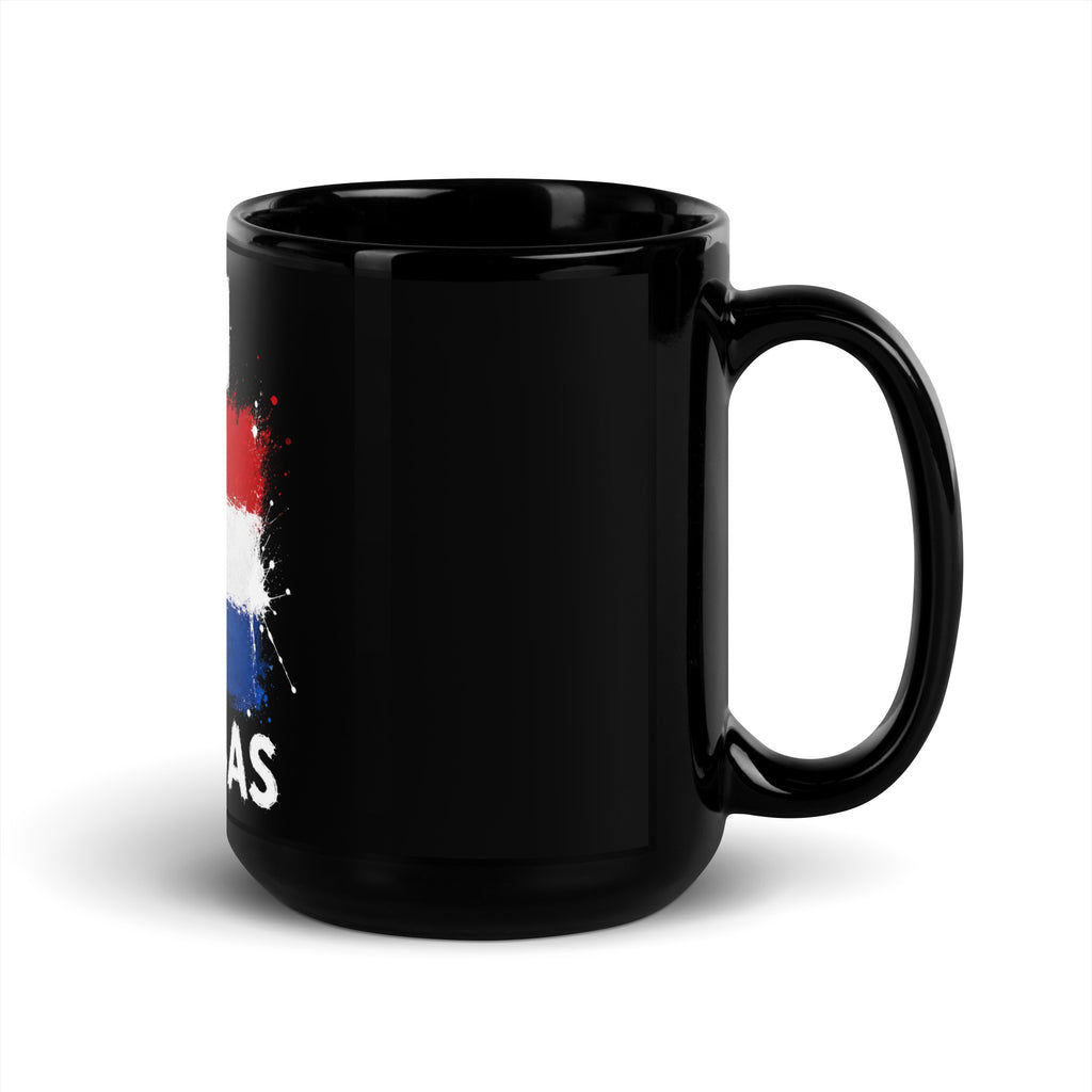 Mug Pays Bas +31 - Noir avec drapeau floqué effet éclaboussure de peinture - vue anse à droite - Indicatif Fier