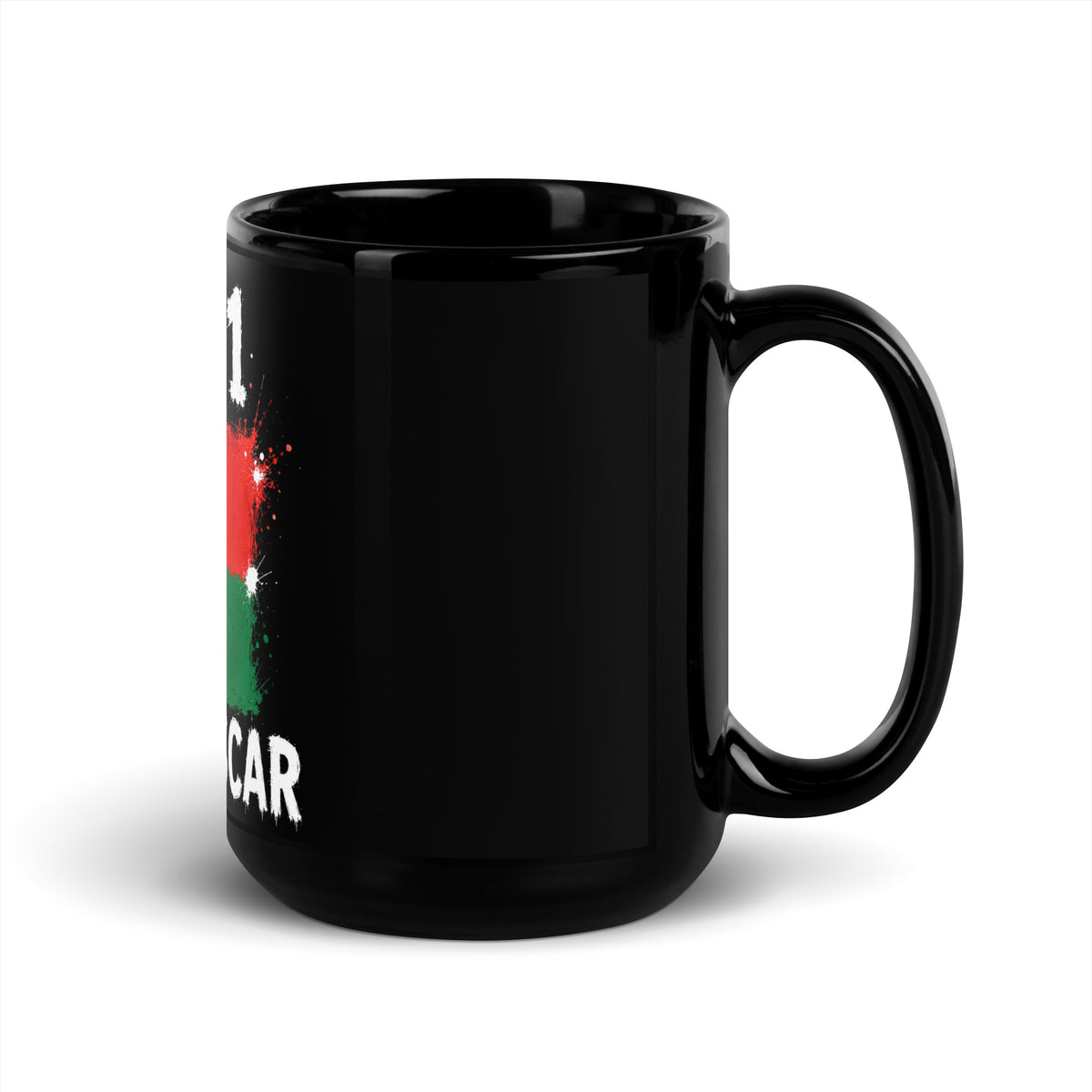 Mug Madagascar +261 - Noir avec drapeau floqué effet éclaboussure de peinture - vue anse à droite - Indicatif Fier