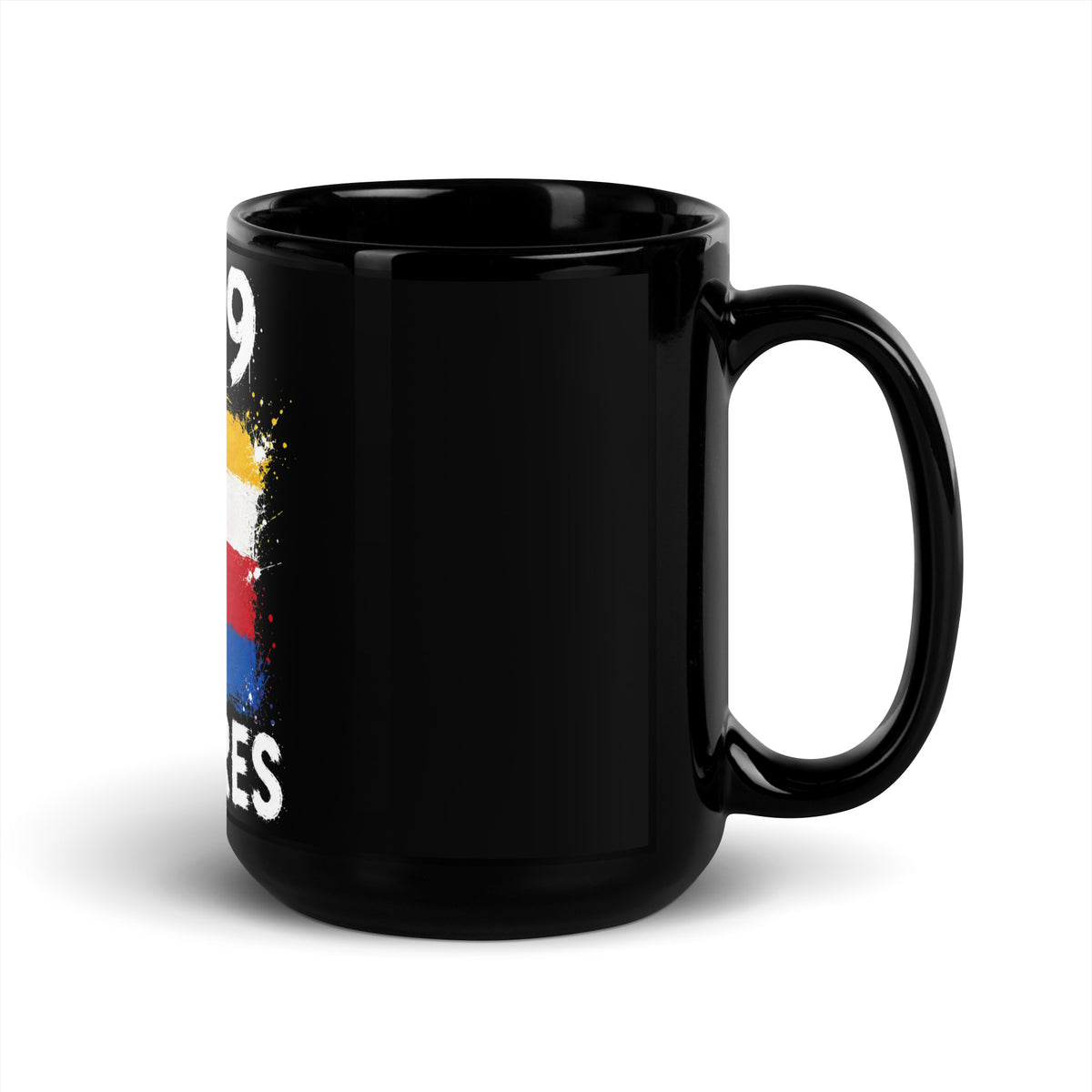 Mug Comores +269 - Noir avec drapeau floqué effet éclaboussure de peinture - vue anse à droite - Indicatif Fier
