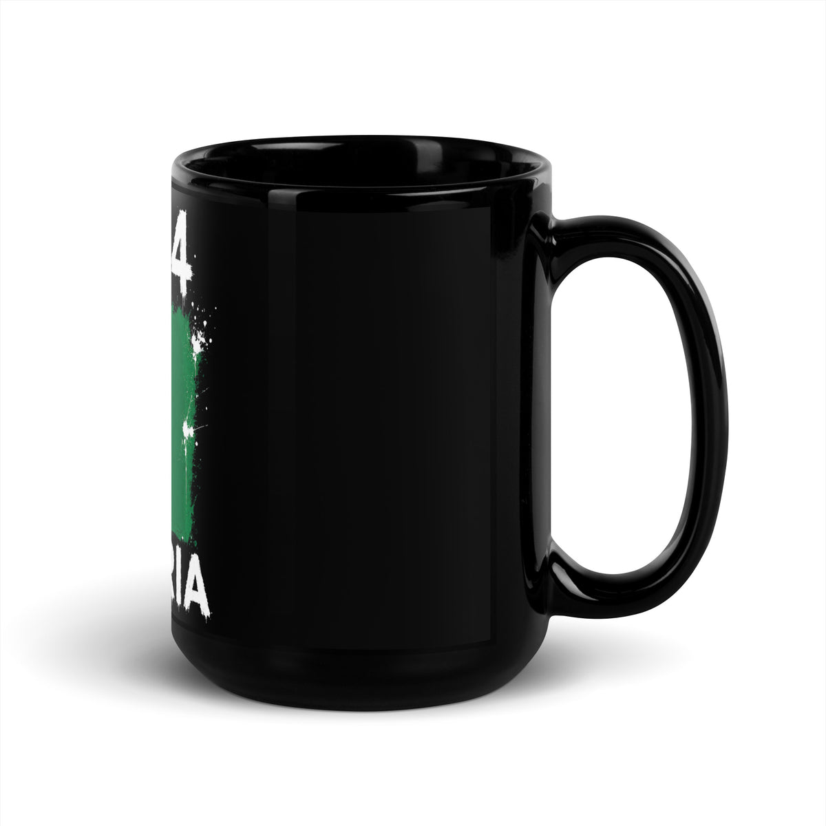 Mug Nigeria +234 - Noir avec drapeau floqué effet éclaboussure de peinture - vue anse à droite - Indicatif Fier