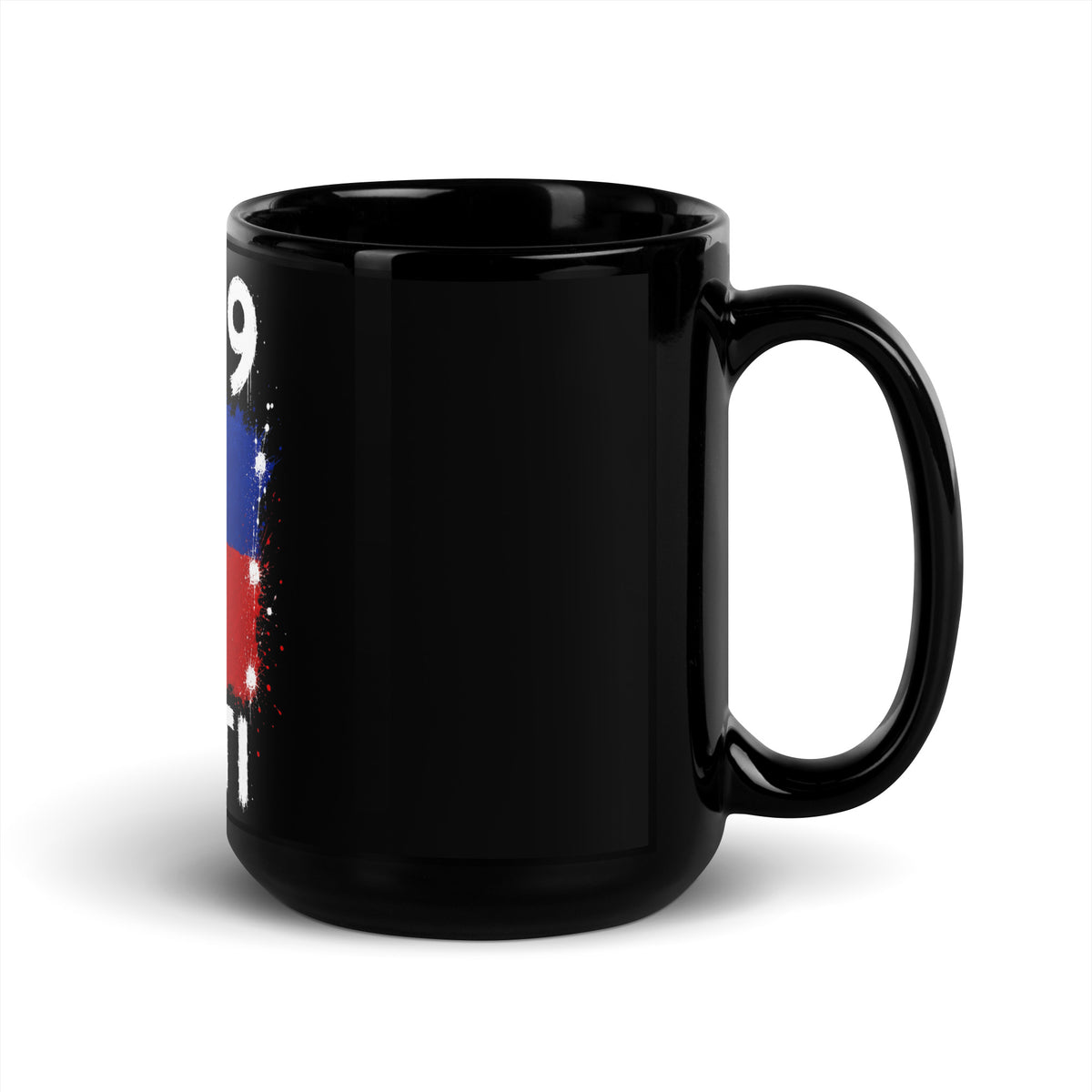 Mug Haïti +509 - Noir avec drapeau floqué effet éclaboussure de peinture - vue anse à droite - Indicatif Fier