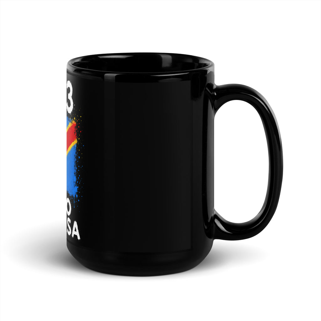 Mug RDC +243 - Noir avec drapeau floqué effet éclaboussure de peinture - vue anse à droite - Indicatif Fier