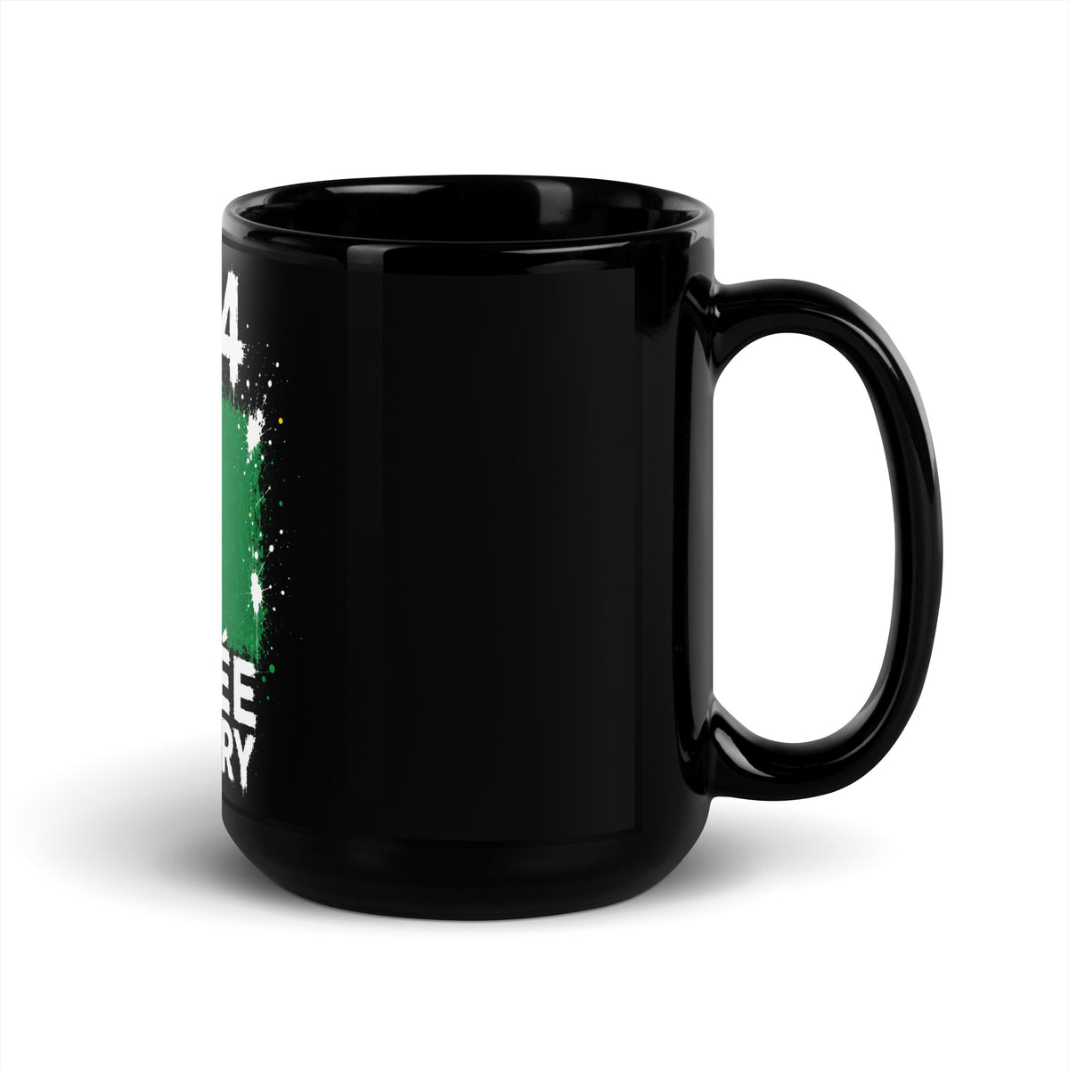 Mug Guinée Conakry +224 - Noir avec drapeau floqué effet éclaboussure de peinture - vue anse à droite - Indicatif Fier
