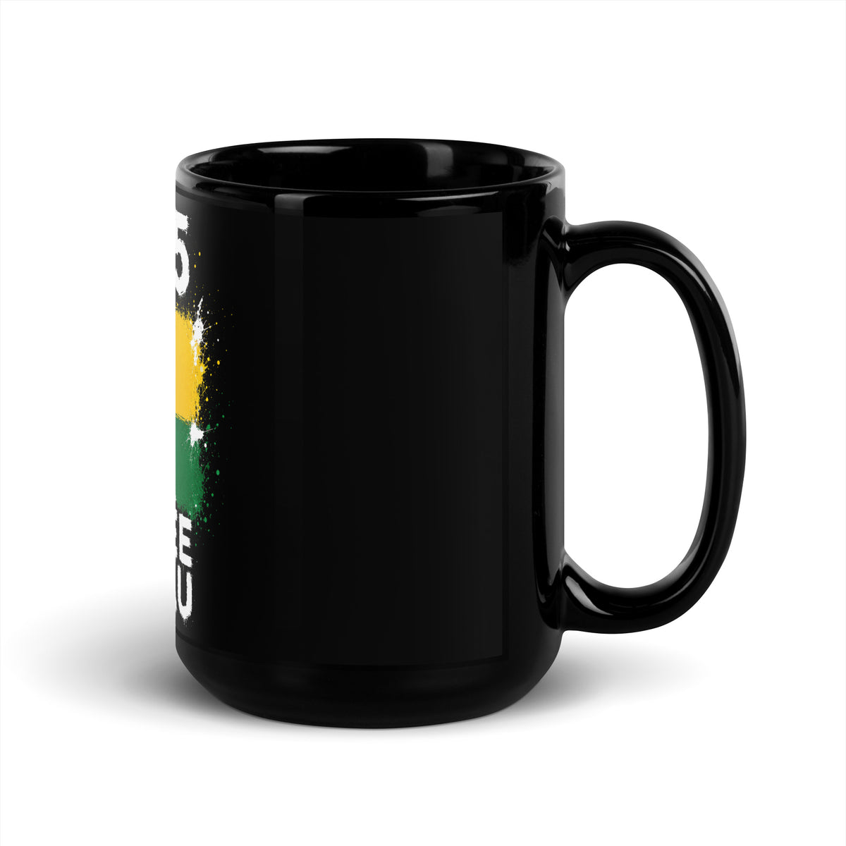 Mug Guinée-Bissau +245 - Noir avec drapeau floqué effet éclaboussure de peinture - vue anse à droite - Indicatif Fier