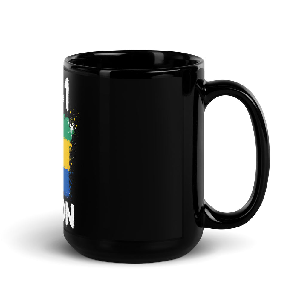 Mug Gabon +241 - Noir avec drapeau floqué effet éclaboussure de peinture - vue anse à droite - Indicatif Fier