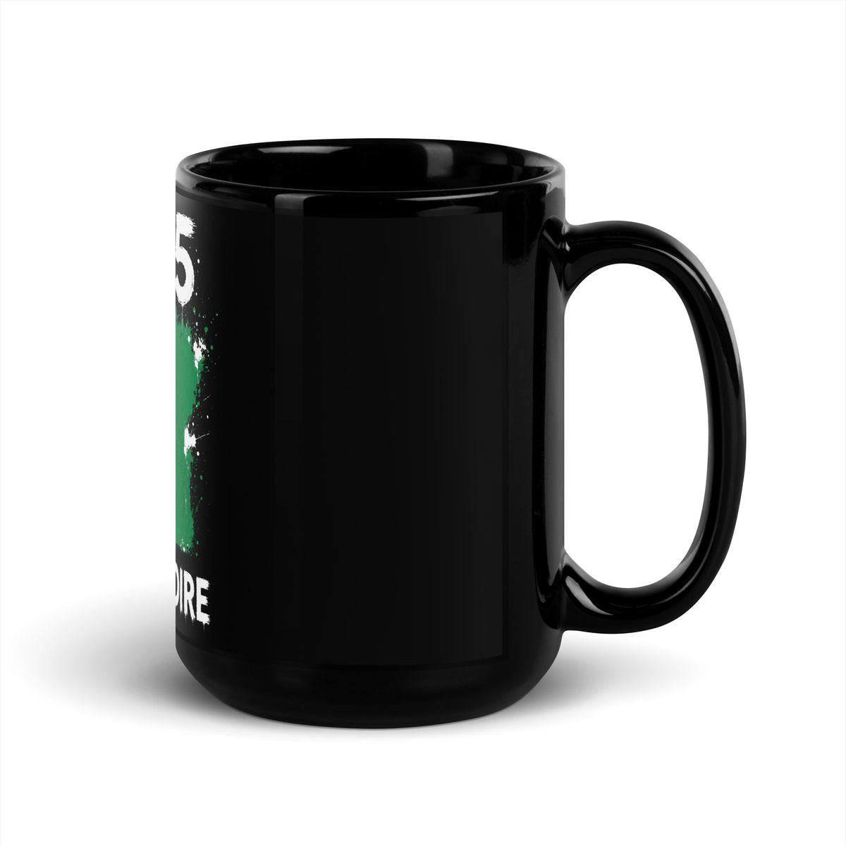 Mug Côte d'Ivoire +225 - Noir avec drapeau floqué effet éclaboussure de peinture - vue anse à droite - Indicatif Fier