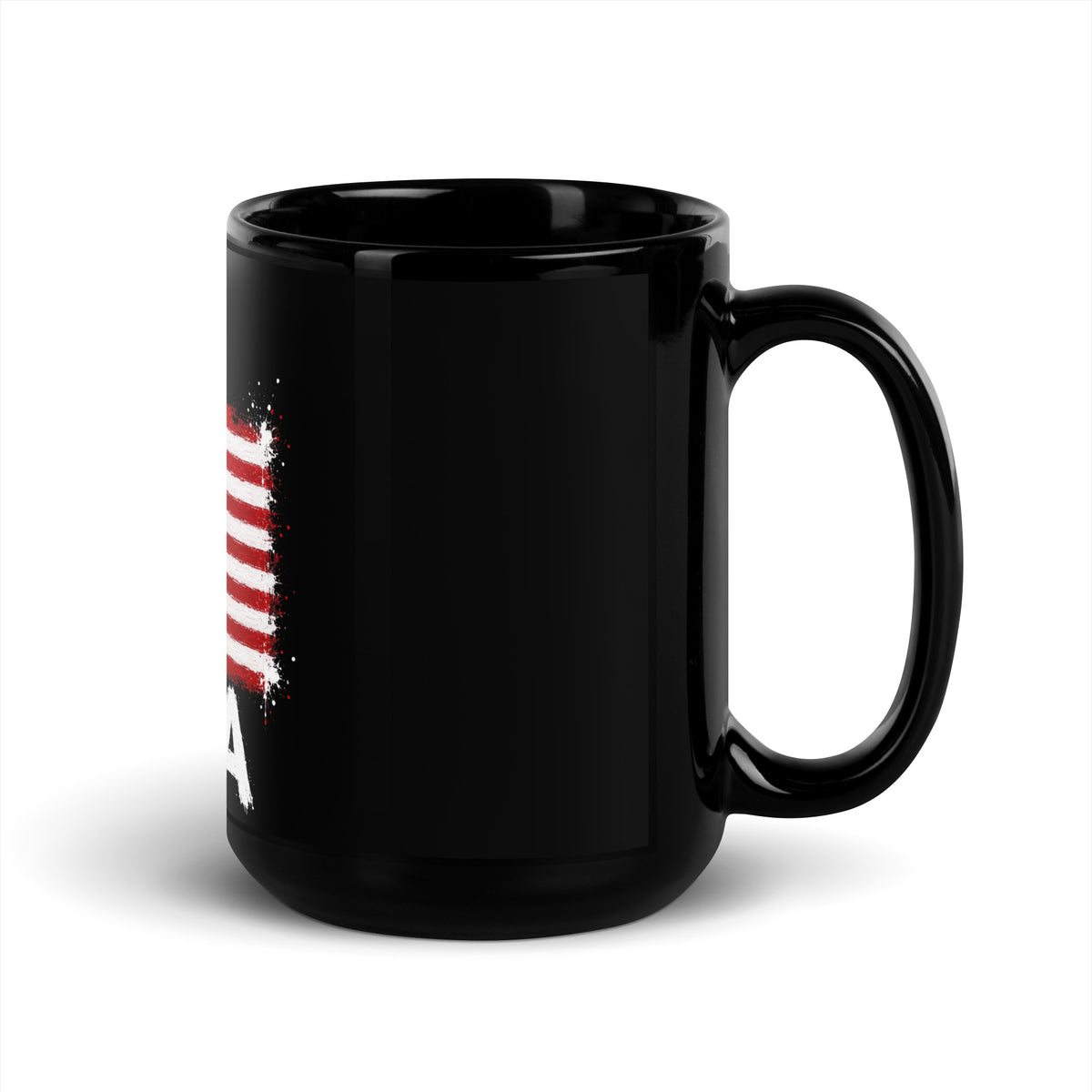 Mug USA +1 - Noir avec drapeau floqué effet éclaboussure de peinture - vue anse à droite - Indicatif Fier