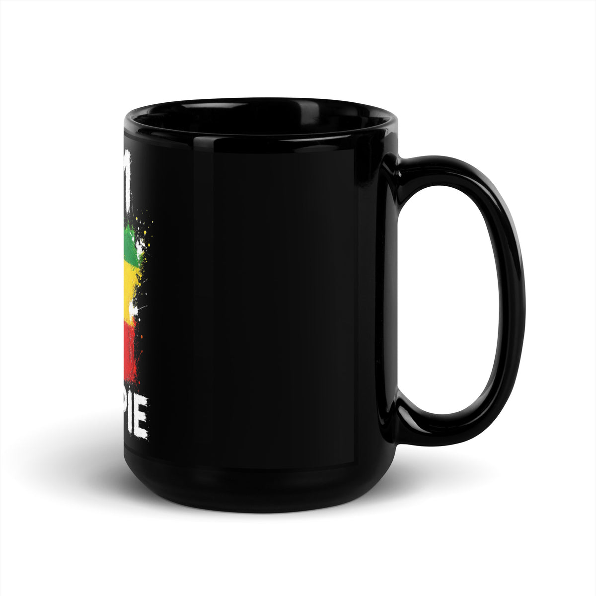 Mug Éthiopie +251 - Noir avec drapeau floqué effet éclaboussure de peinture - vue anse à droite - Indicatif Fier (15 oz)