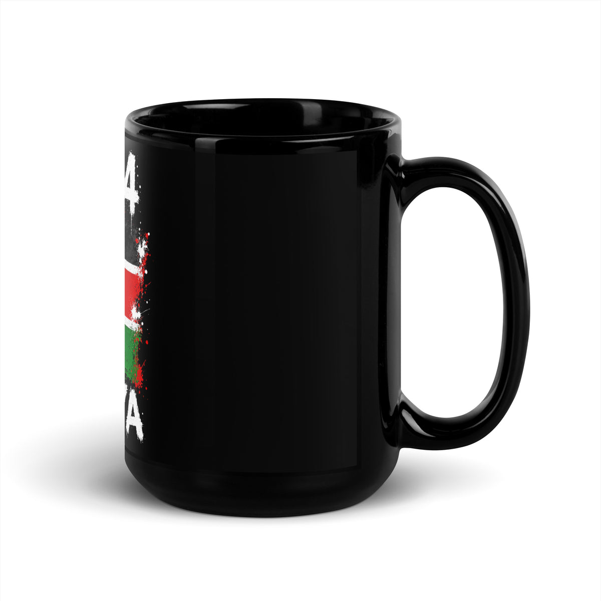 Mug Kenya +254 - Noir avec drapeau floqué effet éclaboussure de peinture - vue anse à droite - Indicatif Fier (15 oz)