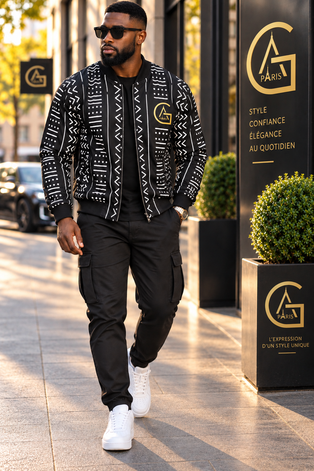Blouson bomber — Bogolan noir & blanc - vue détaillée - African Generation