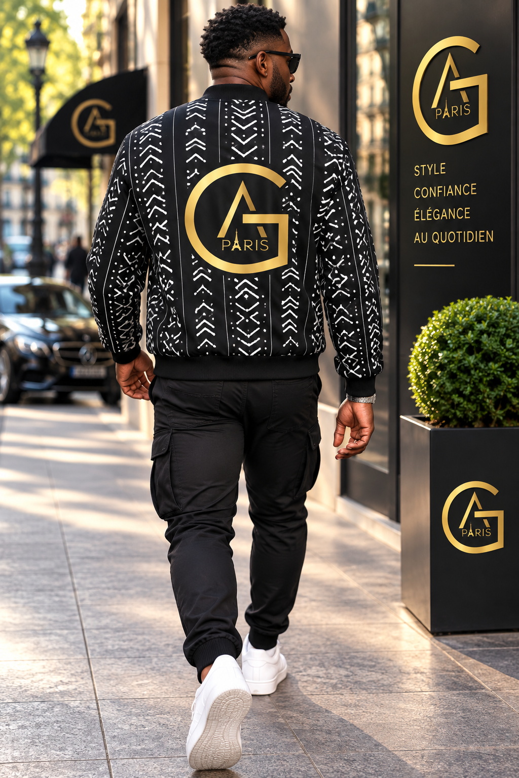 Blouson bomber — Bogolan noir & blanc - vue détaillée - African Generation