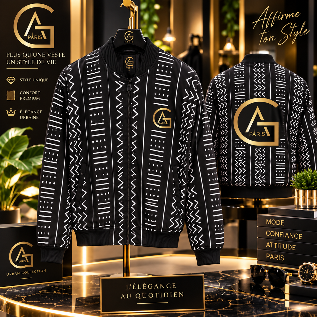 Blouson bomber — Bogolan noir & blanc - vue de face - African Generation