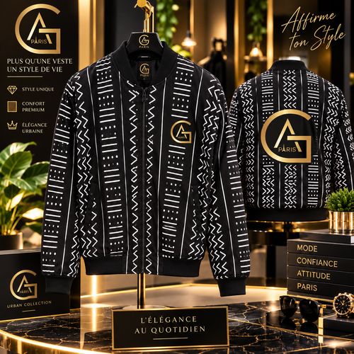 Blouson bomber — Bogolan noir & blanc - vue de face - African Generation