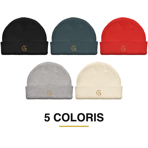 Bonnet African Generation, logo GA doré brodé, 5 coloris disponibles : noir, bleu pétrole, rouge, gris chiné, écru