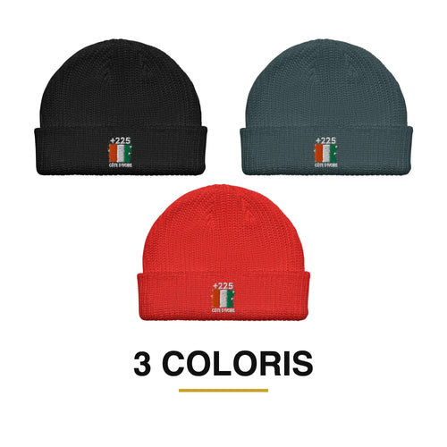 Bonnet Côte d'Ivoire +225 brodé drapeau ivoirien, 3 coloris disponibles : noir, bleu pétrole, rouge - Indicatif Fier